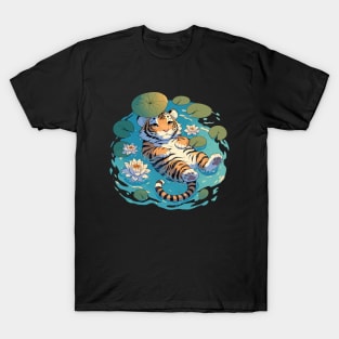 Kawaii Anime Tiger Bath With Water Lily T-Shirt